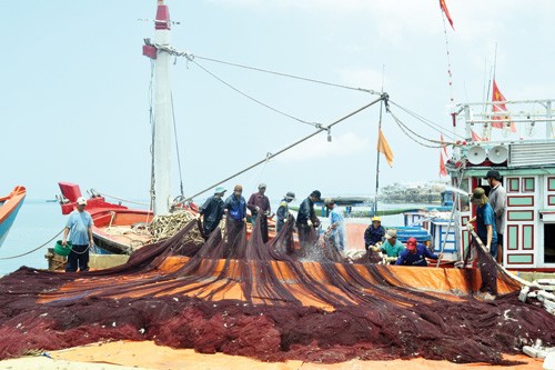 Ngư dân Lý Sơn chuẩn bị lưới ra khơi, bám giữ ngư trường truyền thống vùng biển Hoàng Sa - Ảnh: Hiển Cừ